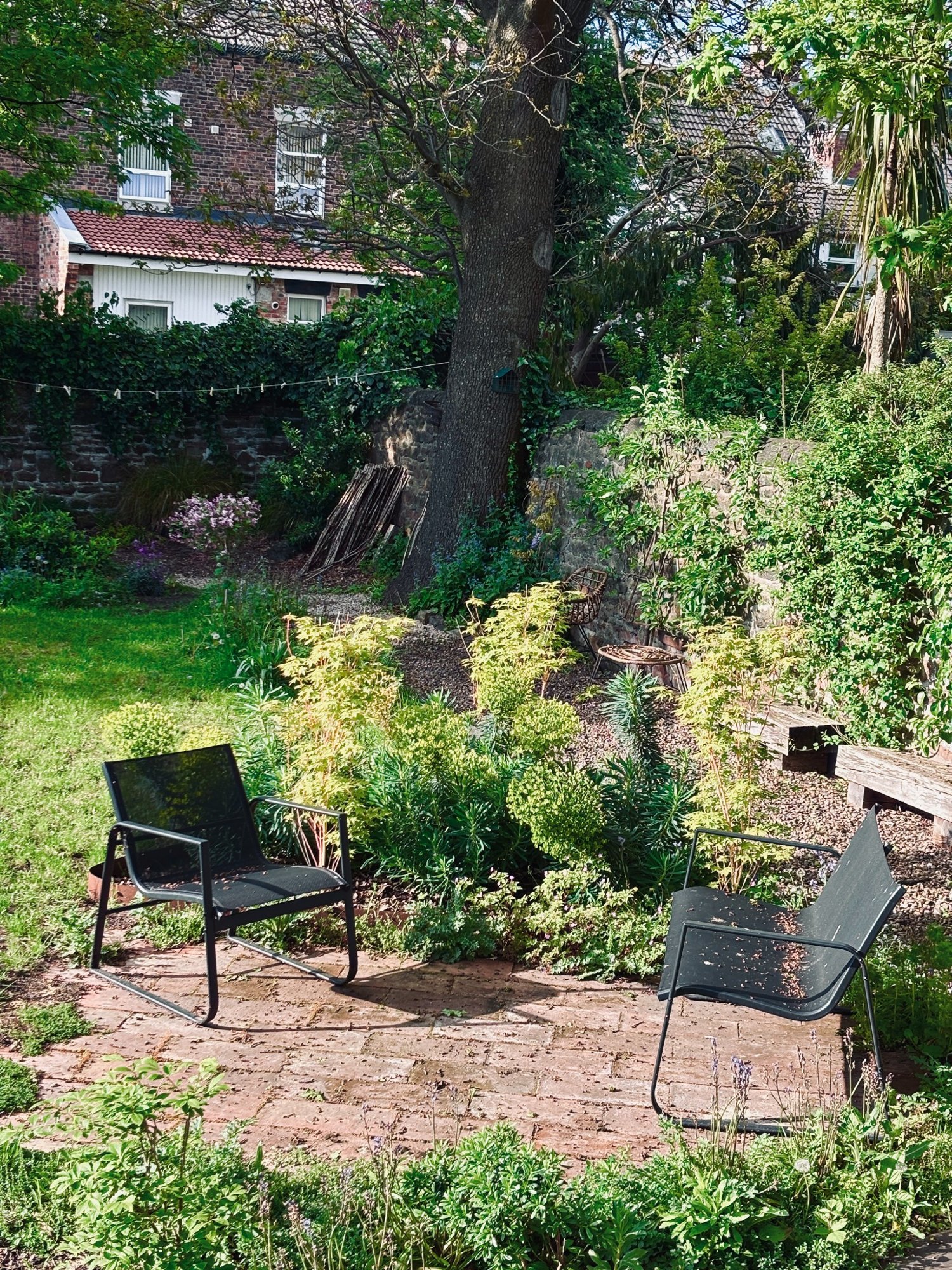 Sunny seating area and mature trees in the walled garden